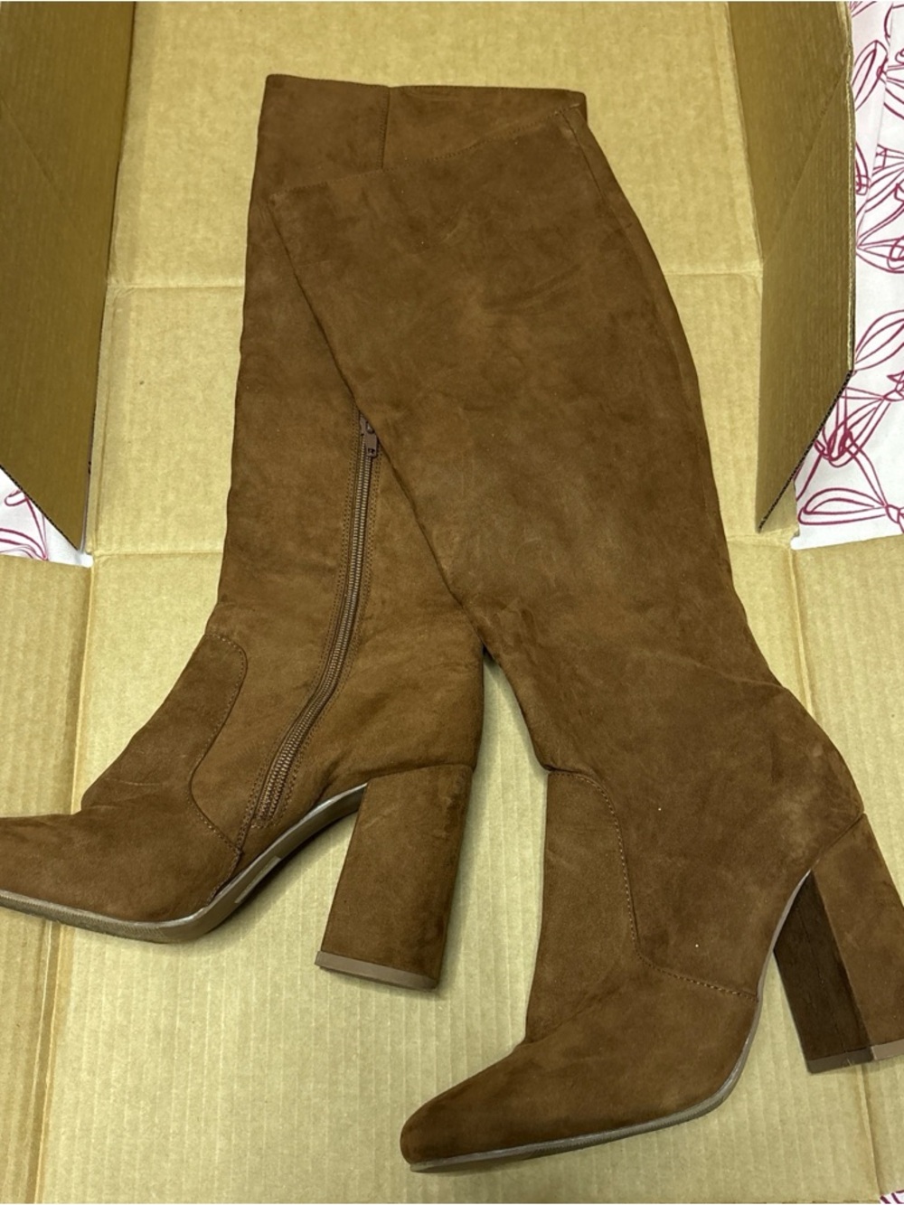 Brown Suede Knee-High Block Heel Boots